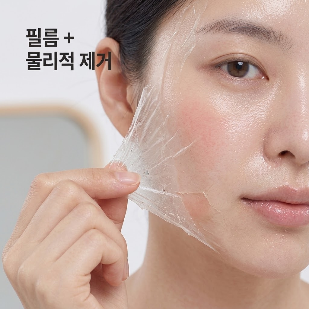 필오프팩 필름이 피부에서 떨어져 나오는 순간을 확대한 클로즈업 샷, 굳은 막 안쪽으로 모공 표면의 콕콕 박힌 피지와 묵은 각질이 함께 뽑혀 나오는 물리적 제거 원리가 선명하게 보이는 모습