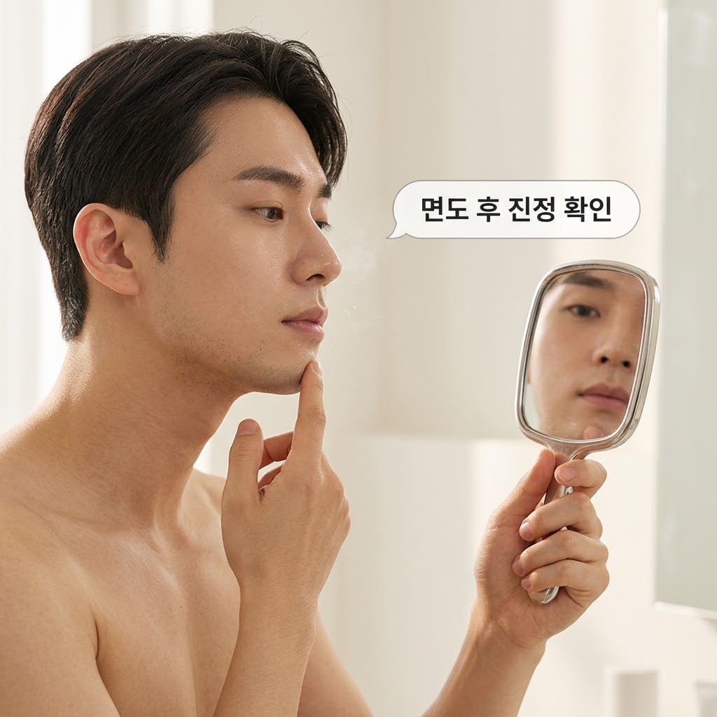 깔끔하게 세안된 남성 모델이 양손으로 얼굴을 가볍게 짚고 턱과 코 부위에 필오프팩을 바르는 정면 컷. 배경에는 면도기와 쉐이빙 폼이 팩 제품들과 뚜렷하게 거리를 두고 분리되어 놓여 있어 시간차 사용을 암시하는 연출