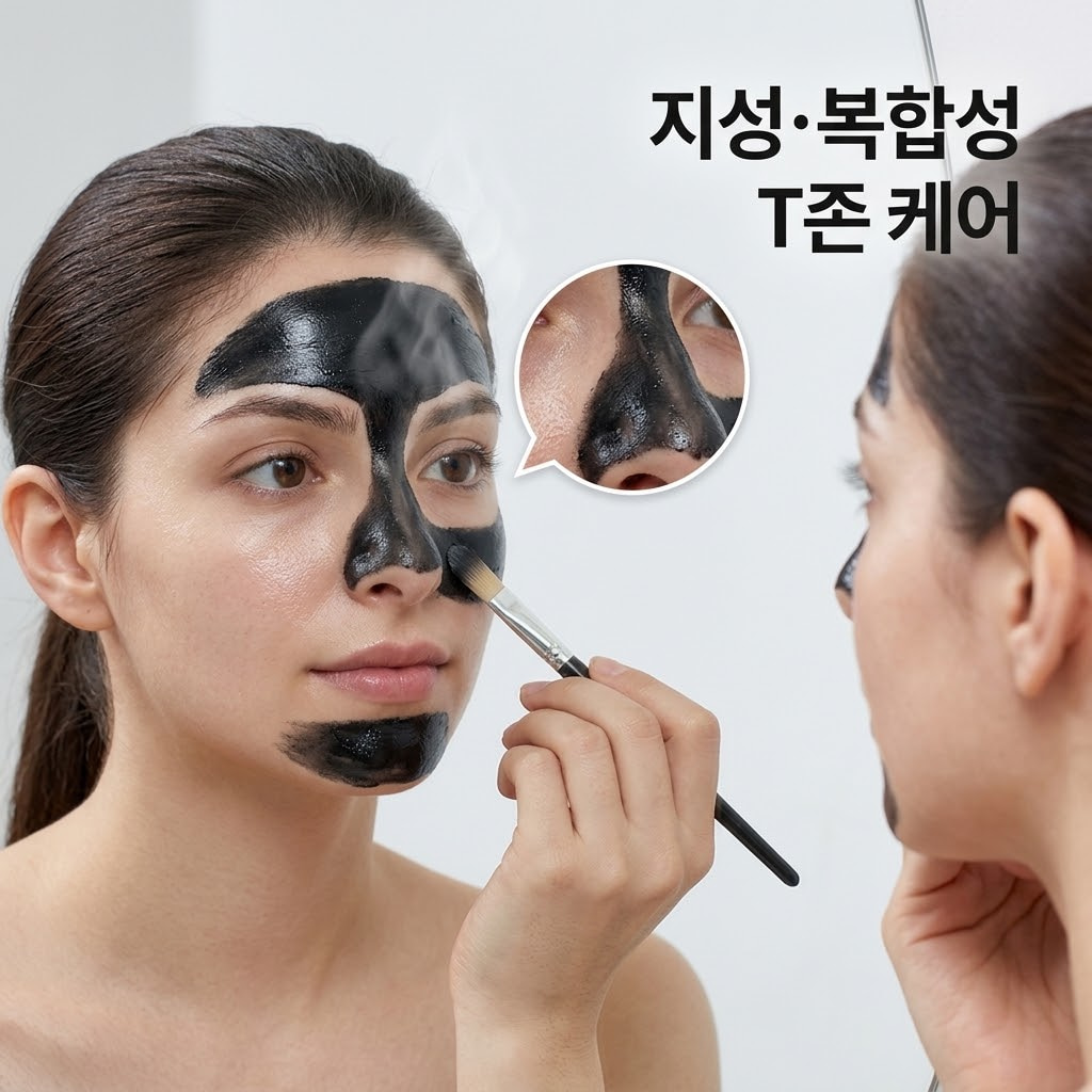화면을 분할하여, 한쪽은 모델이 두 손을 사용해 피지 분비가 많은 코와 이마(T존) 부위에만 필오프팩을 정교하게 펴 바르는 정면 샷, 다른 한쪽은 피지 흡착용 필오프팩 제품들과 산뜻한 젤 타입 수분 크림이 나란히 놓인 탑뷰 샷