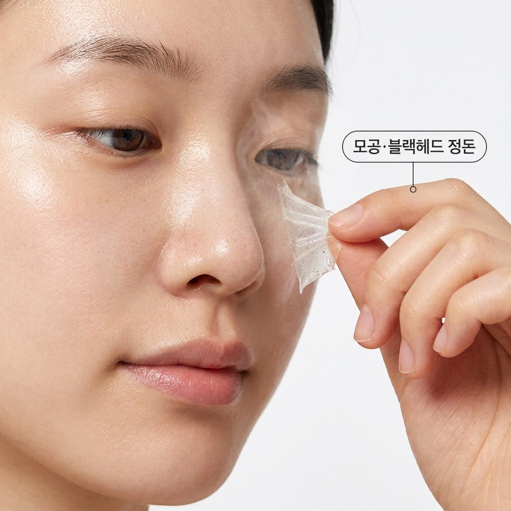 필오프팩을 떼어낸 직후 묵은 각질과 피지가 제거되어 모공이 깨끗하게 정돈되고 표면이 매끈해진 피부 상태 클로즈업