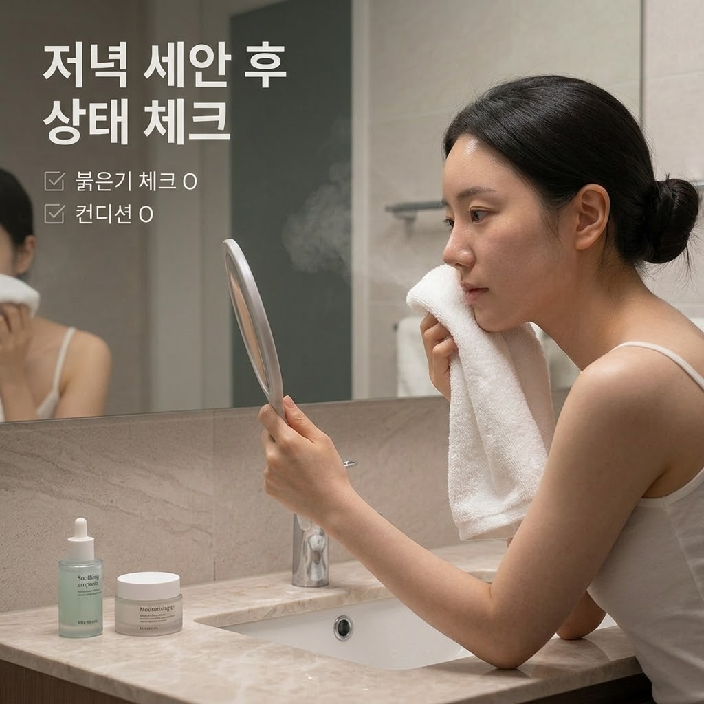 뽀송하게 세안을 마친 저녁, 거울 앞에서 두 손으로 양 볼을 감싸며 붉은기나 자극이 없는지 피부 컨디션을 꼼꼼히 체크하는 다각도 뷰