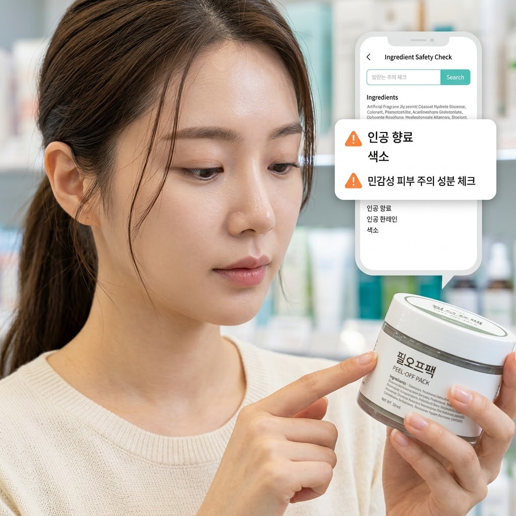 돋보기를 든 두 개의 사람 손이 전성분표 맨 아랫부분에 위치한 향료, 색소, 알레르기 유발 물질 목록을 꼼꼼하게 살피는 클로즈업 컷. 주의해야 할 성분명 위에는 시각적인 붉은색 밑줄과 작은 경고 아이콘이 표시되어 있음.