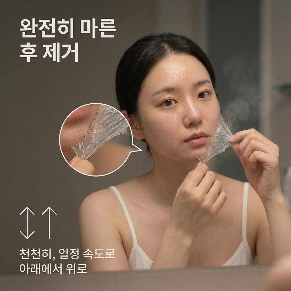 표면이 끈적임 없이 완전히 건조된 필름 형태의 팩을 턱 끝에서부터 위를 향해 두 손으로 아주 천천히 들어 올리듯 떼어내는 자극 없는 제거 과정의 클로즈업 샷