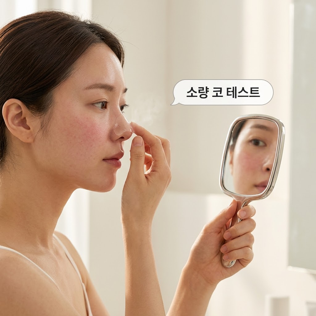 부드러운 텍스처의 머드/젤 타입 워시오프팩 단지들이 화면 메인에 배치되고, 작은 튜브 형태의 필오프팩이 보조로 놓인 구도. 모델이 콧망울 옆 아주 좁은 면적에만 필오프팩을 얇게 발라 24시간 안전성 테스트를 준비하는 디테일 컷