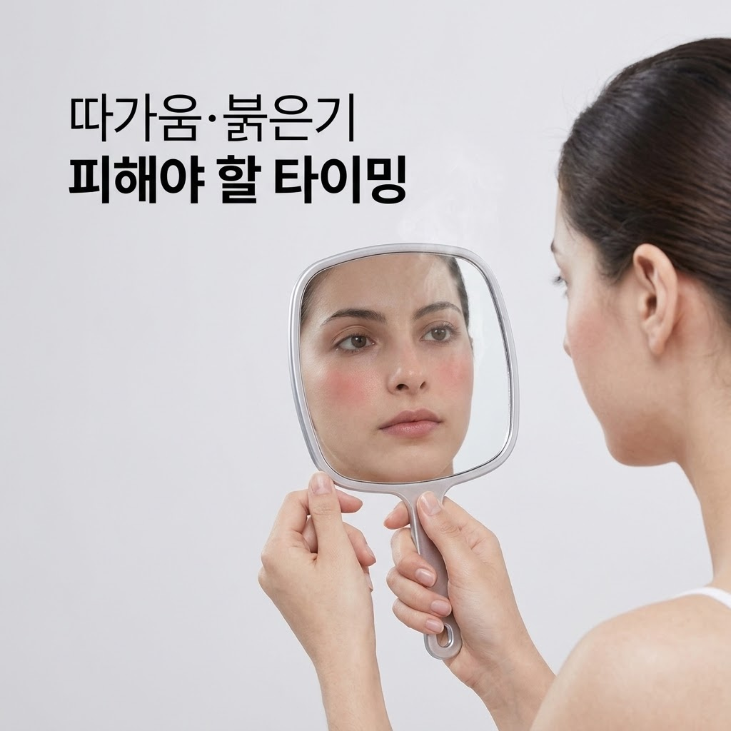 레이저 시술 직후 붉게 달아오른 피부, 하얗게 각질이 심하게 들뜬 피부, 햇볕에 타서 붉어진 피부 상태를 보여주는 다각도 클로즈업 컷. 화면 중앙에 시각적인 '사용 금지(STOP)' 아이콘이 직관적으로 배치된 모습.