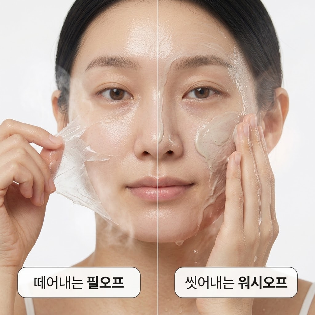 화면 양쪽으로 나뉘어, 한쪽은 두 손으로 완전히 마른 필름 형태의 필오프팩을 떼어내는 물리적 제거 모습이, 다른 한쪽은 미지근한 물로 자극 없이 부드럽게 워시오프팩을 씻어내는 모습이 나란히 비교된 사진