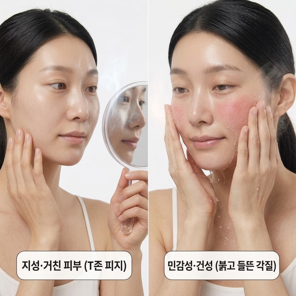 깔끔한 욕실 선반 위에 놓인 노트북 화면에 '필오프팩 vs 워시오프팩 비교 가이드'라는 제목의 상세 표가 띄워져 있고, 그 옆으로 튜브형 필오프팩과 단지형 워시오프팩이 나란히 배치된 모습
