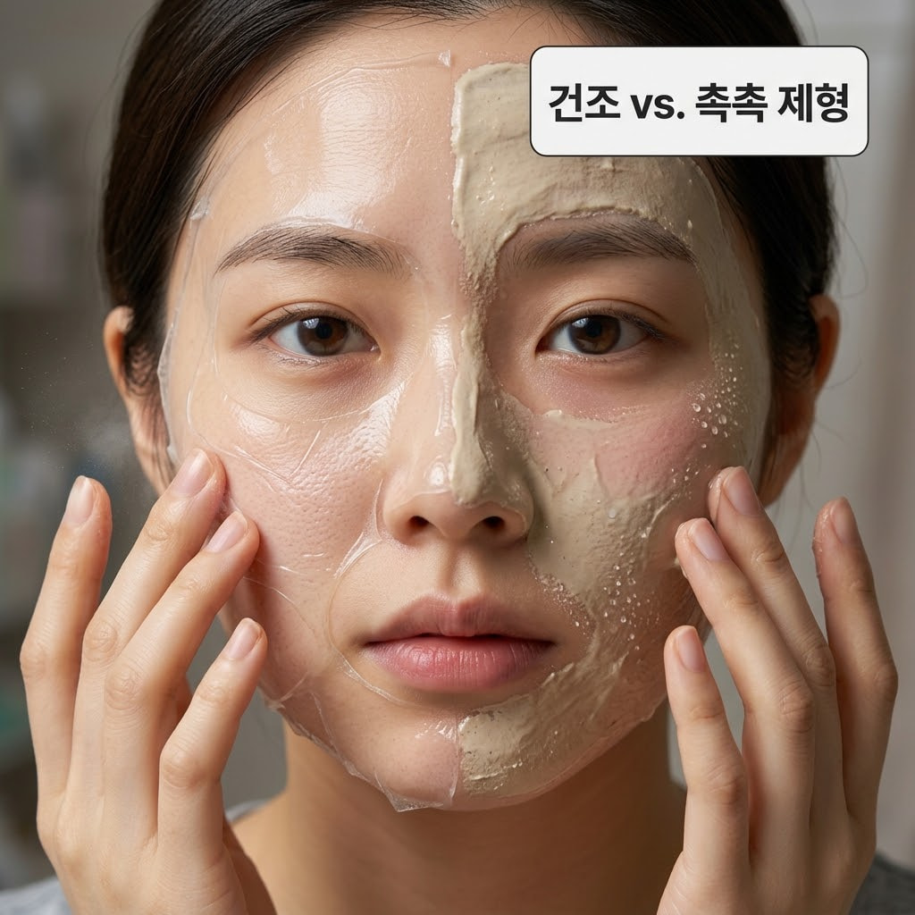 부드러운 조명의 세면대 앞. 투명 유리 소재의 '계량컵 없는 믹싱 볼'에 텍스처 테스트를 마친 두 가지 제형의 팩이 조금씩 덜어져 곁에 놓여 있고, "두 개의 사람 손" 중 한 손은 완전히 건조되어 얇은 막으로 굳어진 필오프팩의 가장자리를 살짝 잡아당겨 떼어내려 하고, 다른 한 손은 미온수를 적셔 부드러워진 워시오프팩 부위를 살살 롤링하며 닦아내어 두 제형의 상반된 제거 방식을 직관적으로 비교하는 액션.