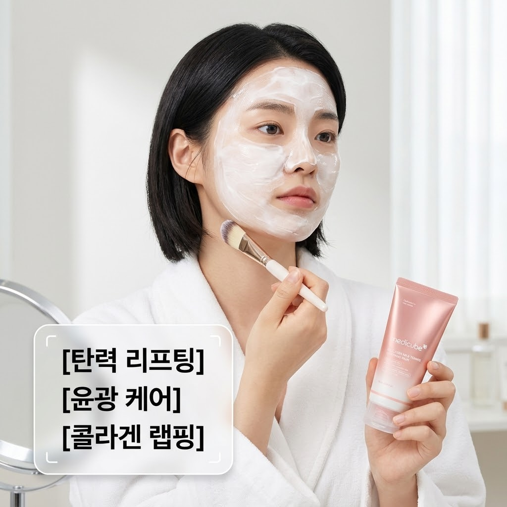 올리브영 콜라겐 마스크팩 추천 제품인 비건이펙트 랩핑 마스크를 코에서 떼어내며 모공과 각질을 관리하는 젊은 한국 여성의 모습. 거울을 사용하여 정확하게 제거합니다.