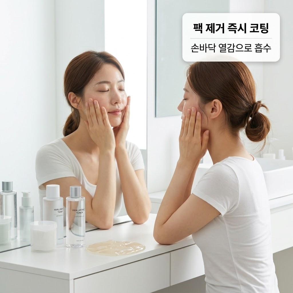 마스크팩을 떼어낸 직후 골든타임 3분 안에 피부 표면의 에센스가 공기 중으로 증발하지 않고 모공 속으로 깊숙이 흡수되어 쫀쫀하게 코팅된 윤기 나는 피부 결