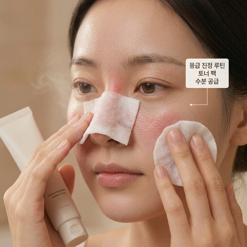 차분하고 편안한 무드의 파우더룸. 투명 유리 소재의 '계량컵 없는 믹싱 볼'에 순한 진정 토너를 듬뿍 머금은 화장솜들이 차갑게 쿨링되어 준비되어 있고, "두 개의 사람 손"이 팩 제거 후 붉어진 코와 나비존 위에 토너 팩을 빈틈없이 밀착시켜 올려둔 뒤, 수분 증발을 막기 위해 그 위에 수분 크림을 살짝 덧바르고 있는 응급 진정 케어 액션.