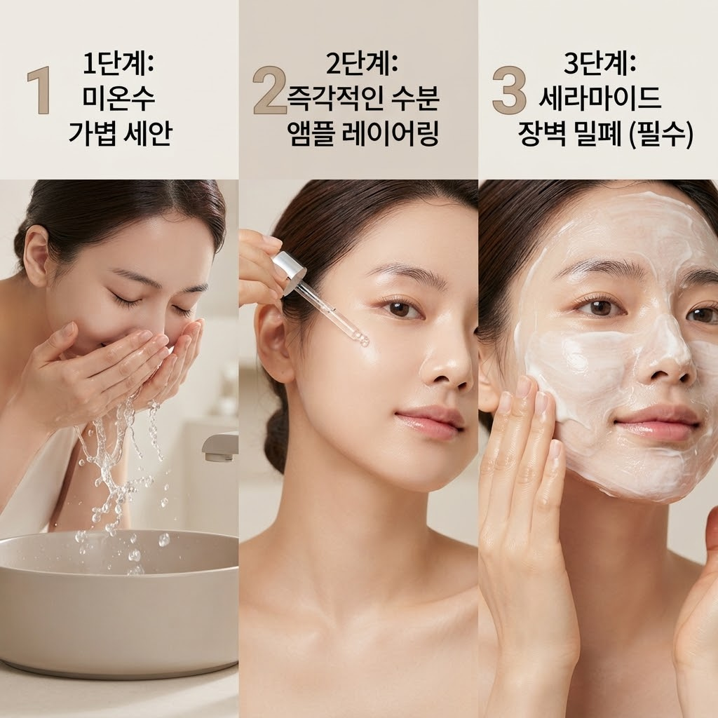 필오프팩 부작용 예방을 위한 미온수 세안, 수분 앰플 도포, 세라마이드 크림 보습 단계.