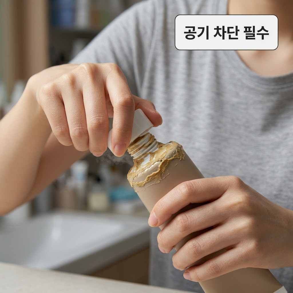 깔끔하게 정돈된 욕실 선반 위. 한쪽에 스테인리스 소재의 '계량컵 없는 믹싱 볼'이 자연스럽게 놓여 있고, "두 개의 사람 손"이 방금 사용을 마친 필오프팩 튜브를 쥐고 깨끗한 티슈를 이용해 입구 주변에 묻은 끈적한 잔여물을 꼼꼼하게 닦아내며 뚜껑이 완벽히 닫히도록 밀봉을 준비하는 디테일한 액션.