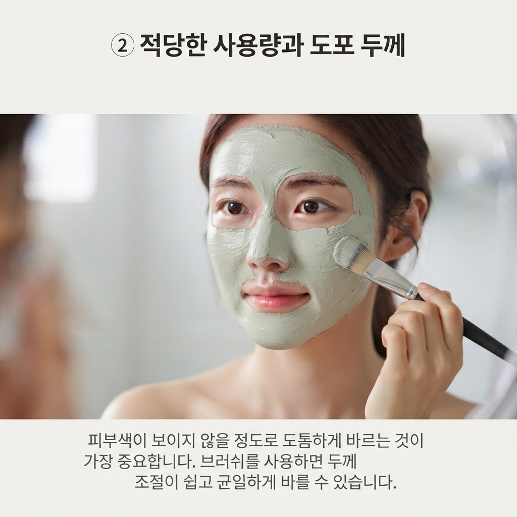 브러쉬를 사용하여 얼굴에 클레이 팩을 도톰하게 펴 바르는 여성의 모습