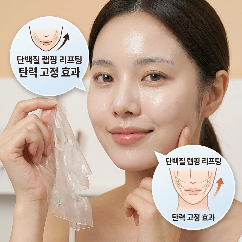마스크팩을 떼어낸 직후 피부 표면에 얇고 쫀쫀한 단백질 코팅막이 형성되어 늘어진 턱선과 모공을 투명한 랩처럼 타이트하게 잡아주는 리프팅 효과
