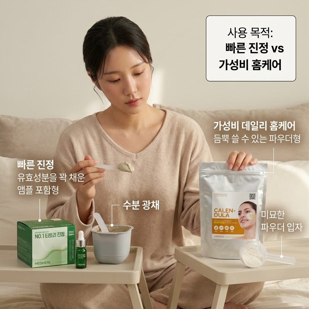 빠른 진정? 밀착 보습? 내 사용 목적 뾰족하게 세우기 고급스러운 홈 에스테틱 무드의 파우더룸. "두 개의 사람 손"이 스패출러를 단단히 쥐고, 빠른 진정 목적에 맞춘 앰플과 파우더를 빠른 속도로 능숙하게 섞어내고 있습니다. 손목 아래에는 내용물이 완벽하게 개어지고 있는 차가운 스테인리스 소재의 "계량컵 없는 믹싱 볼"이 묵직하게 중심을 잡아주어, 단순 관리를 넘어 뚜렷한 목적을 가진 프로페셔널한 프리미엄 홈케어 과정을 연출합니다.