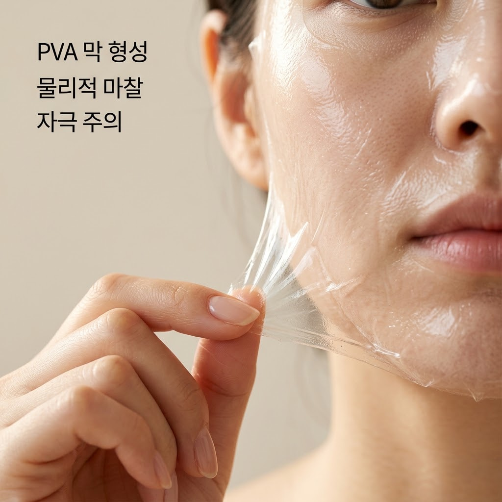 편리하지만 민감 피부엔 자극적인 PVA 랩핑막의 장력 자연광이 비추는 미니멀한 화장대 위. 스킨케어를 완료한 듯한 깨끗한 피부의 여성 모델 얼굴 가장자리를 "두 개의 사람 손"이 조심스럽게 만지며 완전히 마른 PVA 기반 랩핑막의 팽팽한 장력을 확인하고 있다. Nearby, a polished stainless steel "mixing bowl without a measuring cup" containing a clear, quickly-setting gel remnant and a spatula rests naturally on the white marble surface.