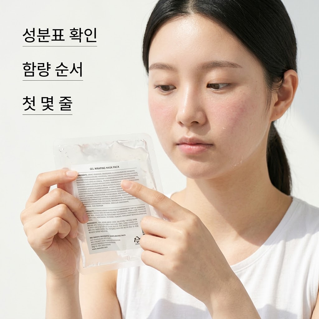 화려한 앞면 광고보다 중요한 건 '뒷면 첫 줄'! 자연광이 드는 우드 테이블 위, 투명 유리 소재의 '계량컵 없는 믹싱 볼'에 팩 내용물이 담겨 한쪽에 놓여 있고, "두 개의 사람 손"이 화려한 패키지의 랩핑 마스크팩 단상자를 뒤로 돌려 빼곡한 성분표의 첫 줄을 손가락으로 꼼꼼하게 짚어가며 읽고 있는 모습.