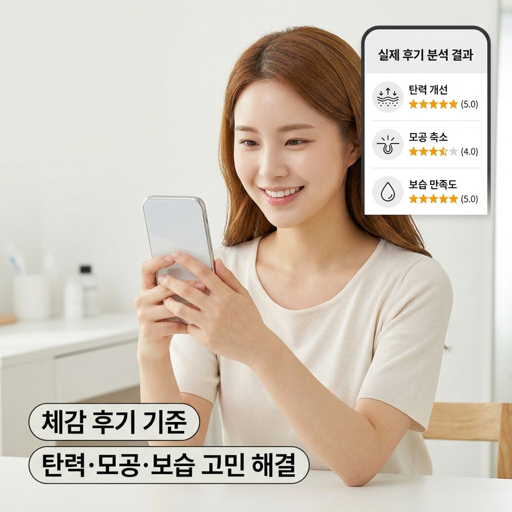 탄력, 모공, 보습 등 다양한 피부 고민에 대해 실제 사용자들이 체감한 생생한 후기 데이터와 피부 개선 전후를 직관적으로 보여주는 시각 자료