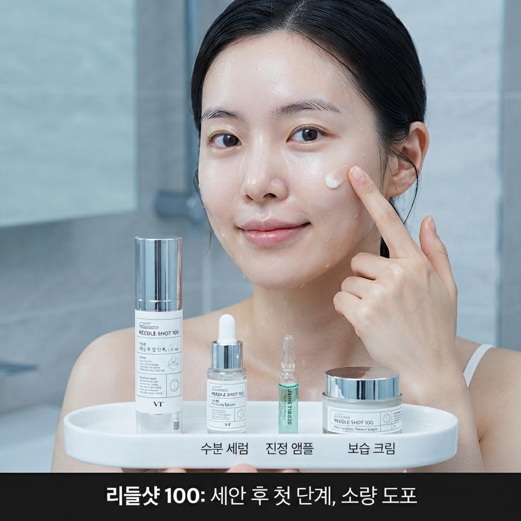세안 후 첫 단계로 VT 리들샷 100을 손등에 덜어 얼굴에 바르는 모델의 모습
