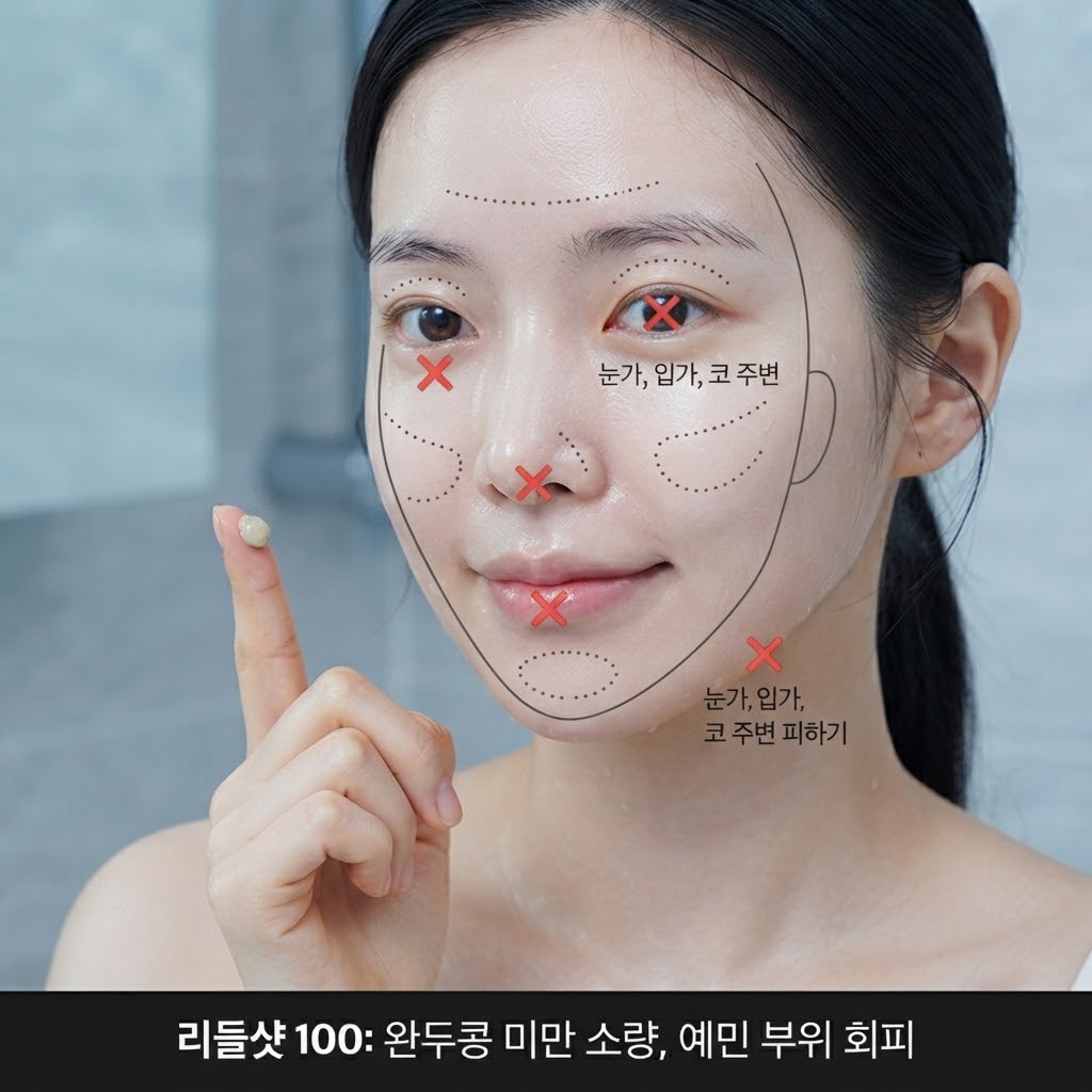 손끝에 덜은 완두콩 크기의 리들샷 100을 얼굴 부위별로 나누어 바르는 다이어그램