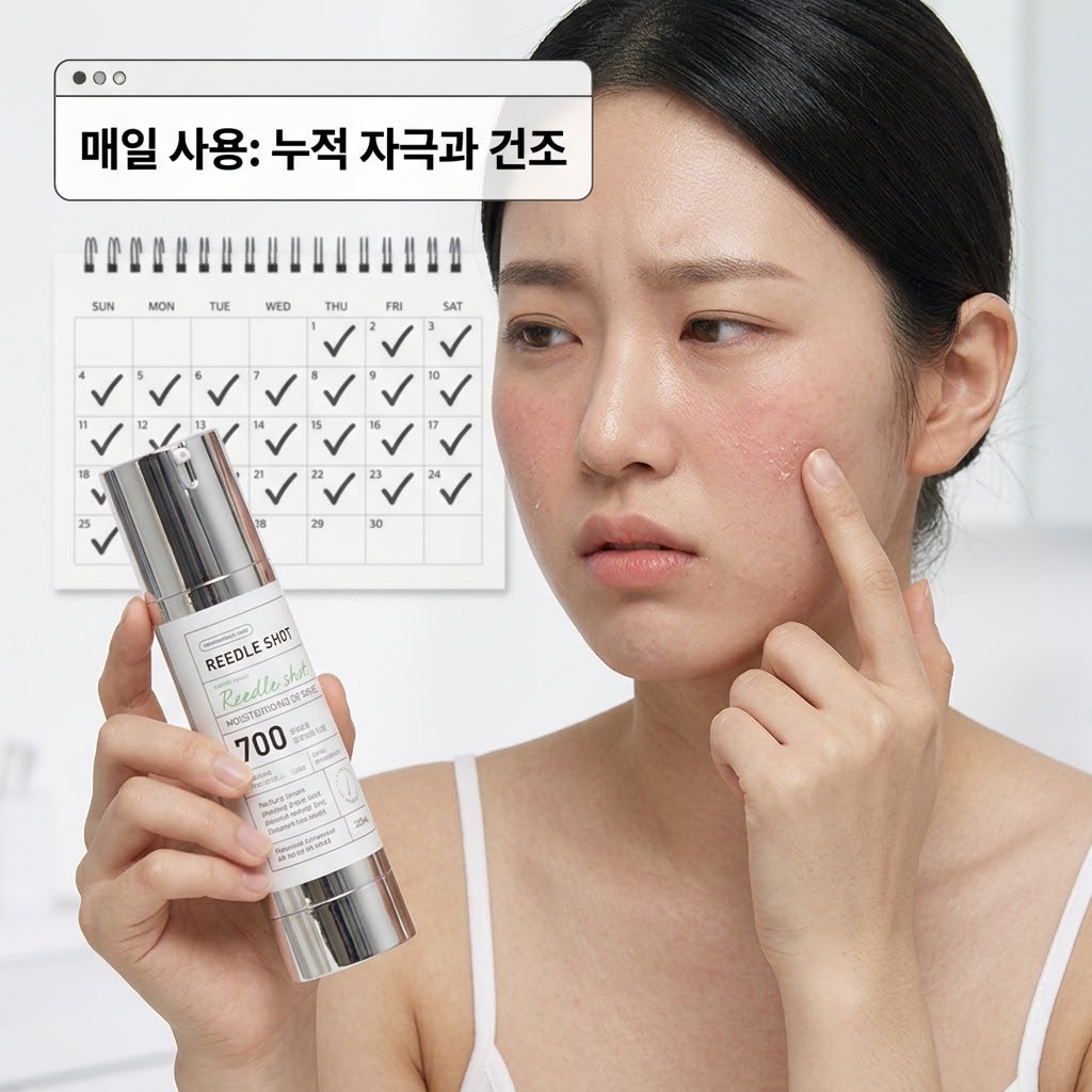 리들샷 100 부작용으로 매일 사용 시 피부 건조와 미세 자극이 누적되는 원리를 설명하는 이미지