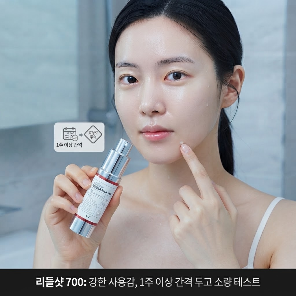 빨간색 라벨의 VT 리들샷 700을 턱선에 아주 소량만 테스트하며 고민하는 모델