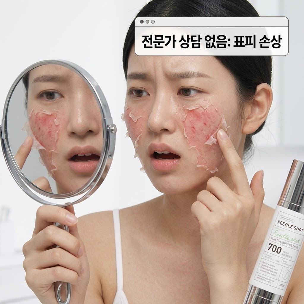 리들샷 700 부작용으로 얼굴 전체 사용 시 표피 손상과 피부 자극 위험을 설명하는 이미지
