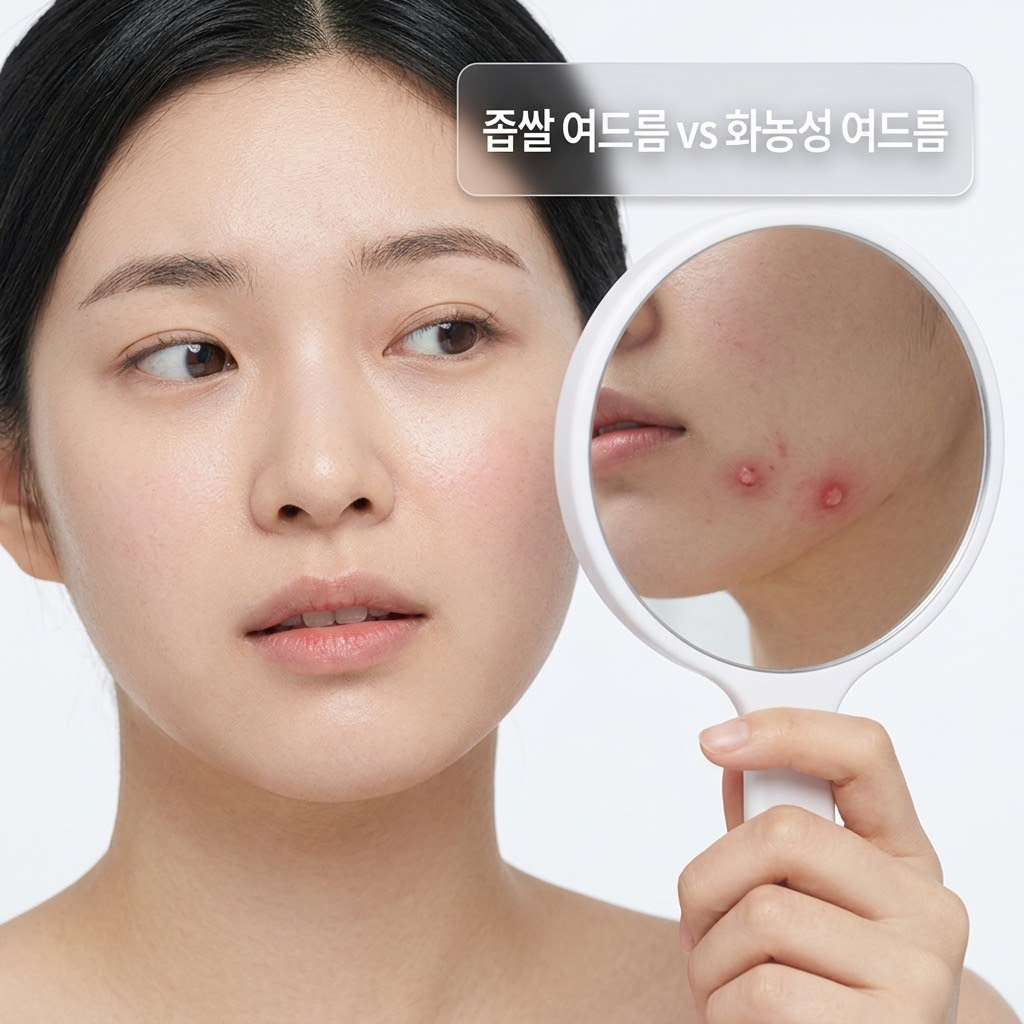 리들샷 부작용과 명현현상을 비교하며 좁쌀 여드름과 화농성 여드름의 차이를 설명하는 이미지