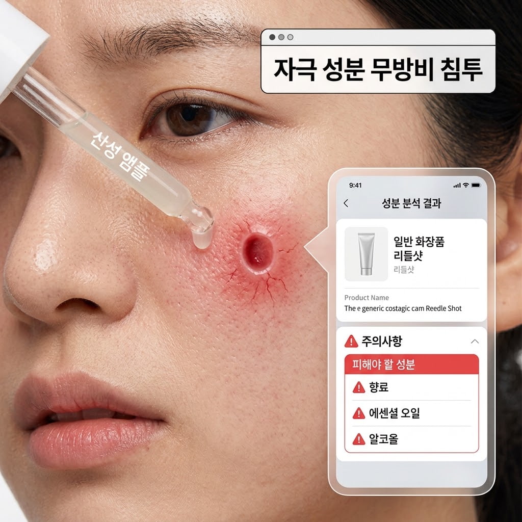 리들샷 부작용을 예방하기 위해 산성 성분과 기능성 화장품을 함께 사용하지 말아야 하는 이유를 설명하는 이미지