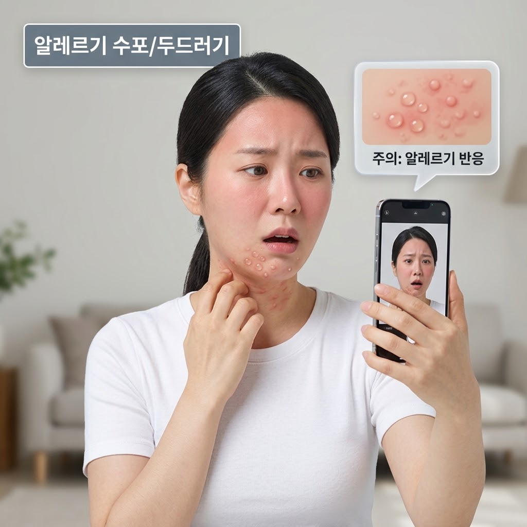 리들샷 부작용으로 얼굴에 수포와 두드러기 등 알레르기 반응이 나타난 피부를 설명하는 이미지