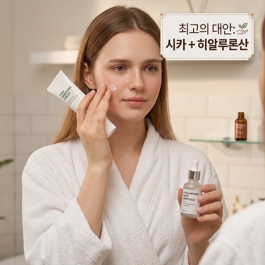 리들샷 부작용을 줄이기 위해 시카, 마데카소사이드, 히알루론산으로 피부를 진정시키는 방법을 설명하는 이미지