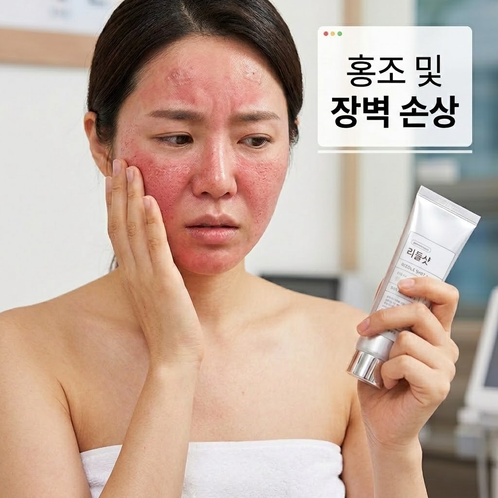 리들샷 부작용을 예방하기 위해 접촉성 피부염과 피부 장벽 손상 상태에서는 사용을 피해야 하는 이유를 설명하는 이미지