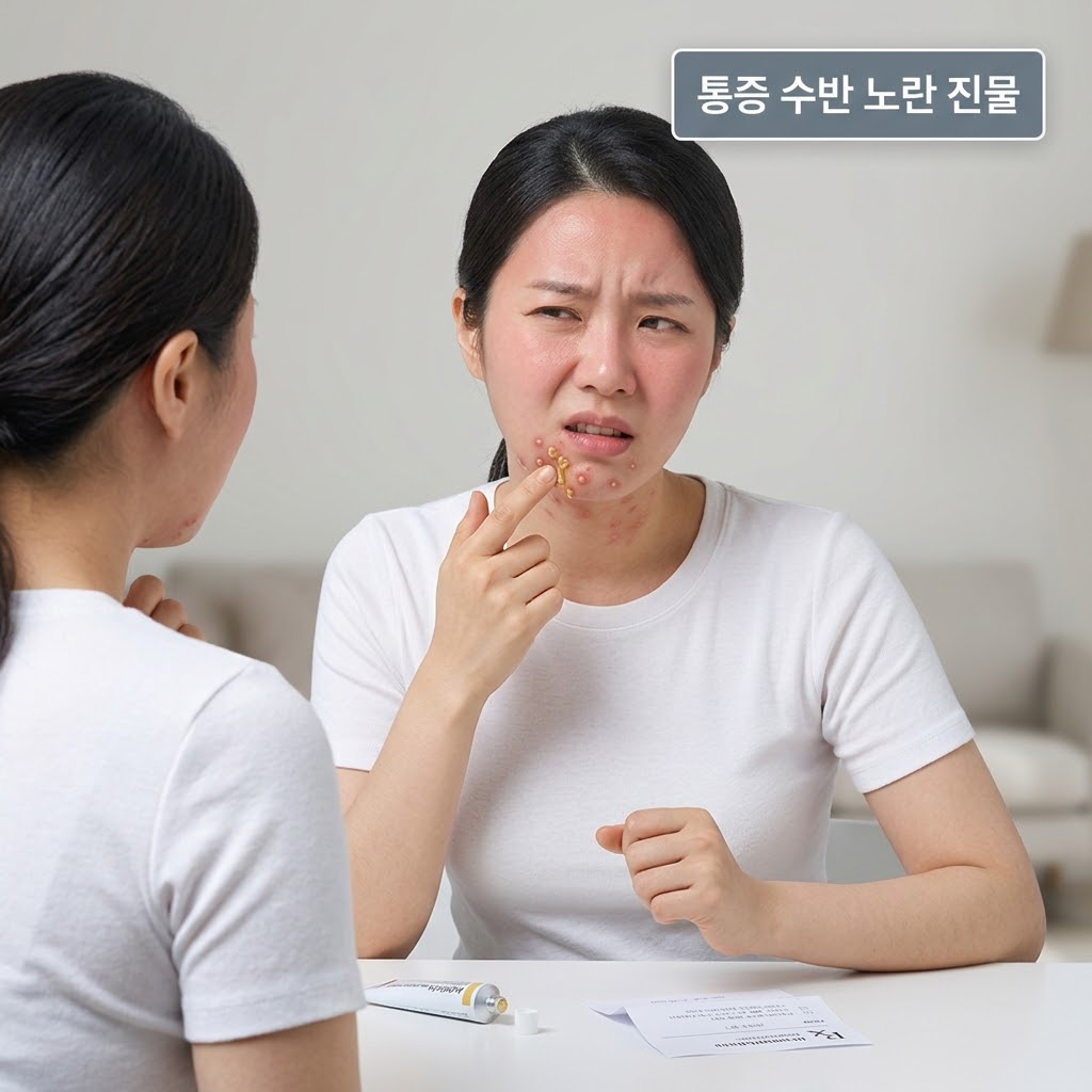 리들샷 부작용으로 노란 진물과 통증을 동반한 모낭염이 발생한 피부를 설명하는 이미지