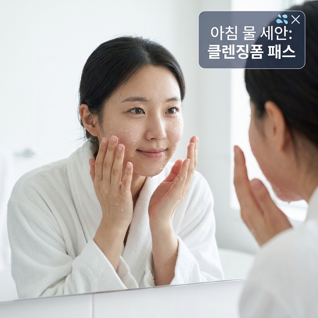 리들샷 부작용을 예방하기 위해 다음 날 아침에는 클렌징폼 대신 물 세안을 하는 방법을 설명하는 이미지