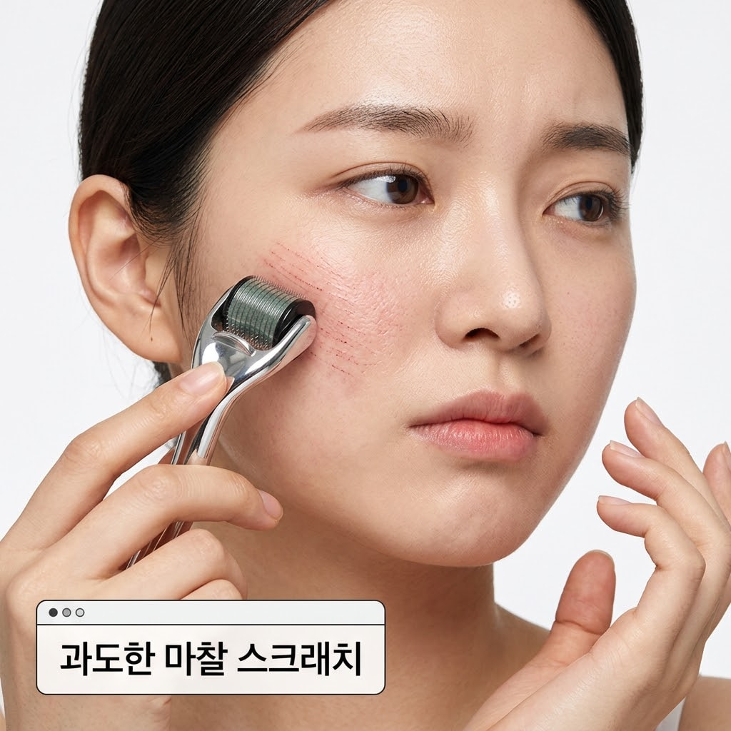 리들샷 부작용으로 미세침의 과도한 마찰이 피부에 스크래치를 만들고 피부 장벽을 손상시키는 원리를 설명하는 이미지