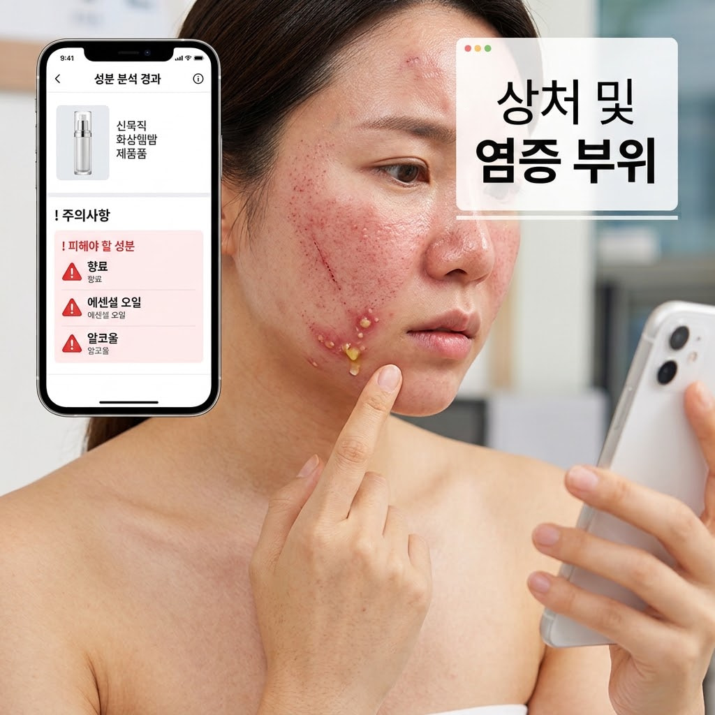 리들샷 부작용을 예방하기 위해 상처와 화농성 여드름 부위를 피해서 사용해야 하는 방법을 설명하는 이미지