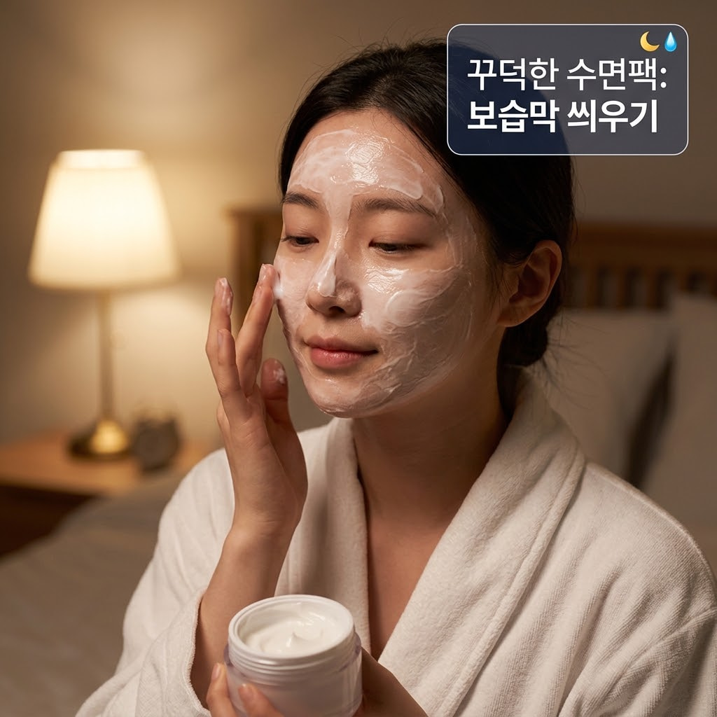 리들샷 부작용을 예방하기 위해 수면팩과 보습 크림으로 피부 보습막을 형성하는 방법을 설명하는 이미지