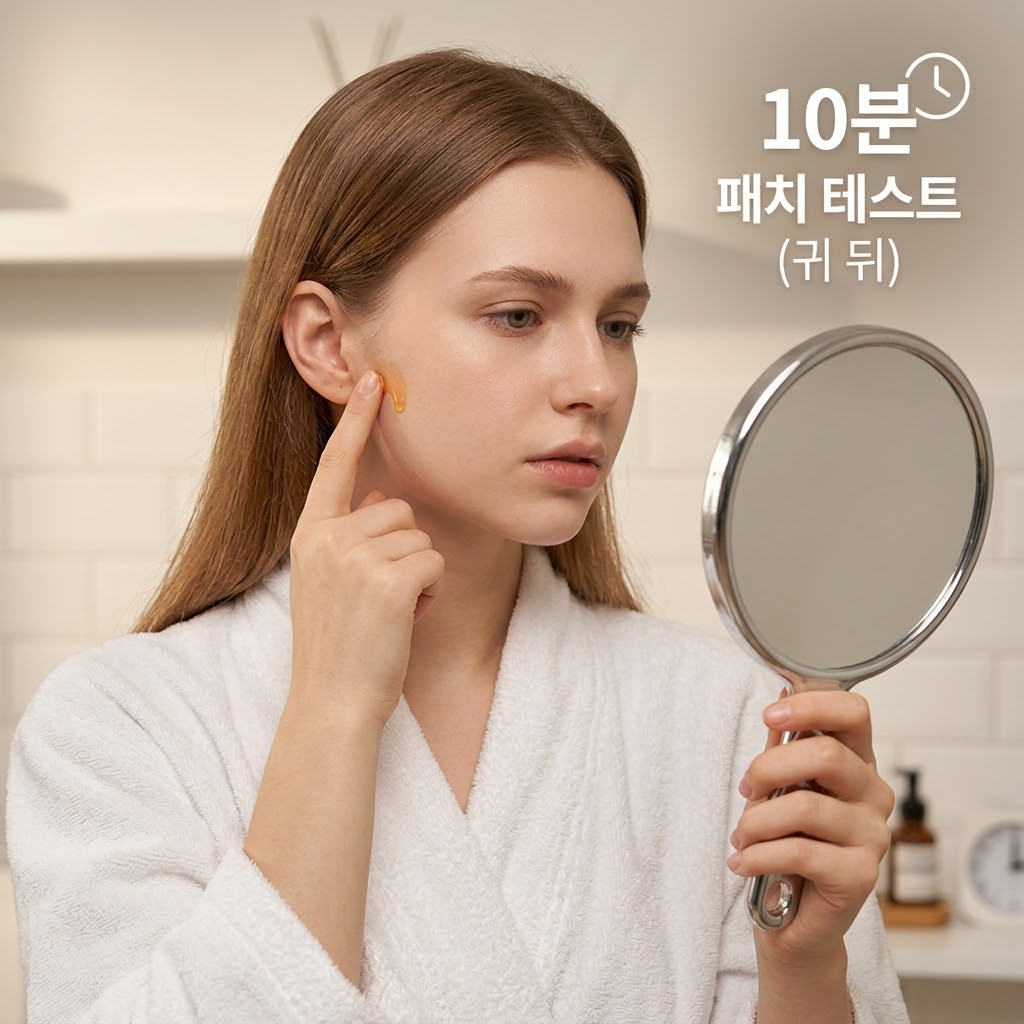 리들샷 부작용을 예방하기 위해 귀 뒤와 턱밑에 패치 테스트를 하는 방법을 설명하는 이미지