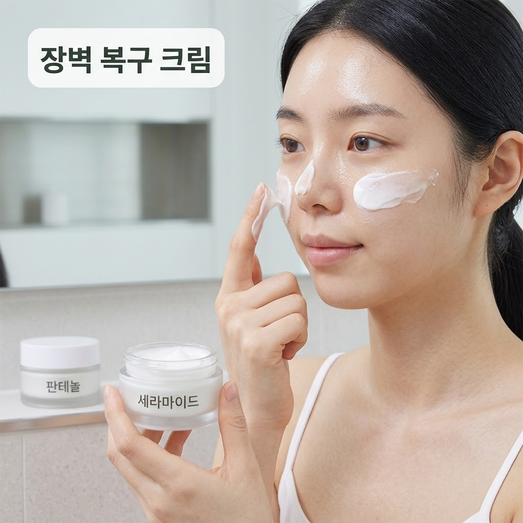 리들샷 부작용으로 손상된 피부 장벽을 세라마이드와 판테놀 크림으로 회복하는 방법을 설명하는 이미지