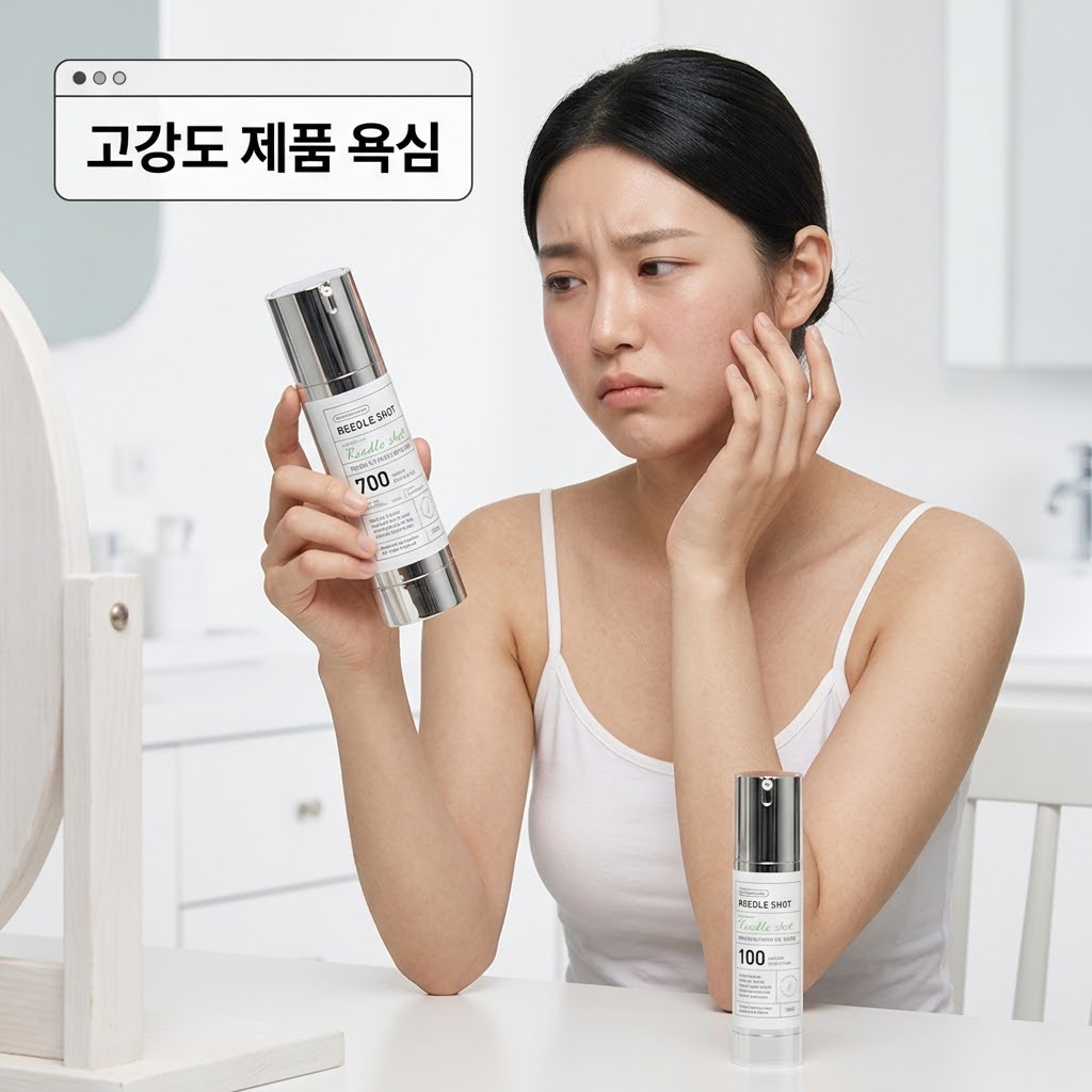 리들샷 부작용을 예방하기 위해 리들샷 100부터 단계적으로 사용하는 방법을 설명하는 이미지