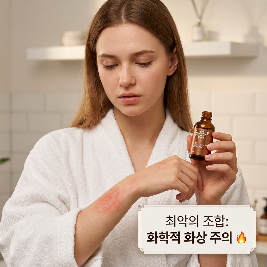 리들샷 부작용을 예방하기 위해 비타민C, 레티놀, AHA, BHA 성분과 함께 사용하면 안 되는 이유를 설명하는 이미지
