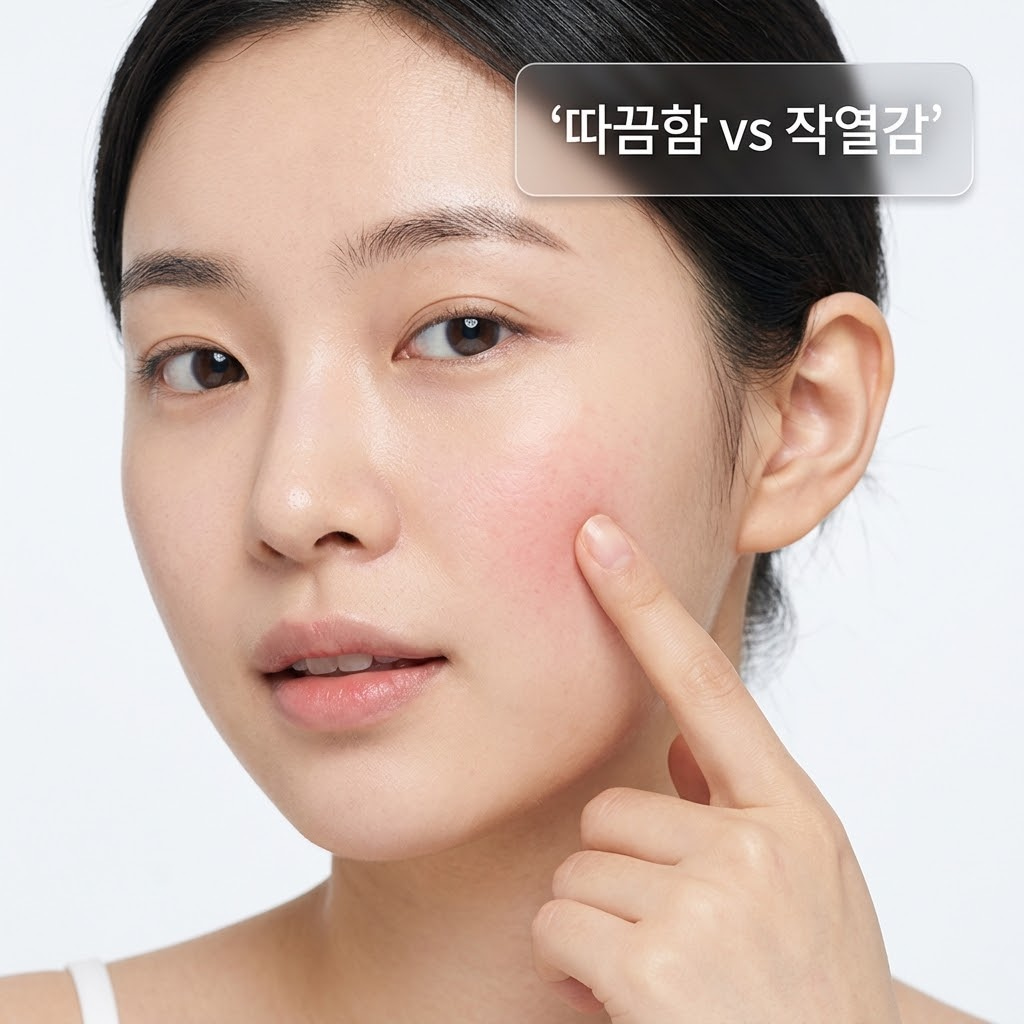 리들샷 부작용과 정상적인 명현현상을 비교한 이미지로 정상적인 따끔함과 피부 작열감의 차이를 설명한다.