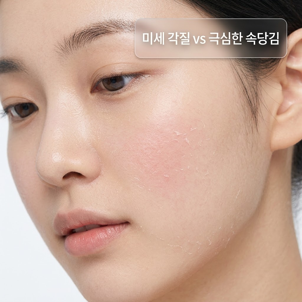 리들샷 부작용과 정상적인 각질 탈락을 비교하며 극심한 속당김과 피부 장벽 손상을 설명하는 이미지