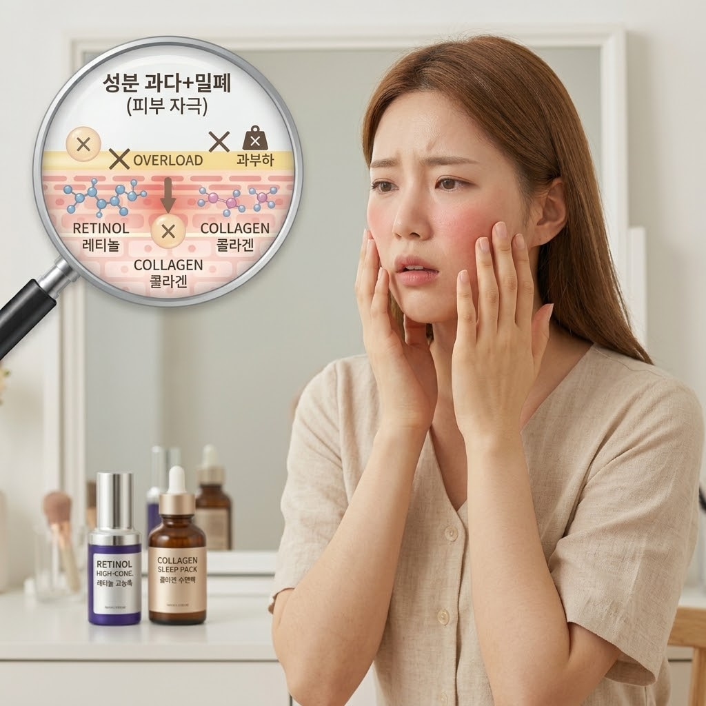 고농축 레티놀 성분과 장시간 밀폐력이 강한 콜라겐 수면팩을 무리하게 동시 사용하여 피부가 붉어지고 접촉성 피부염 등의 자극이 발생한 상태