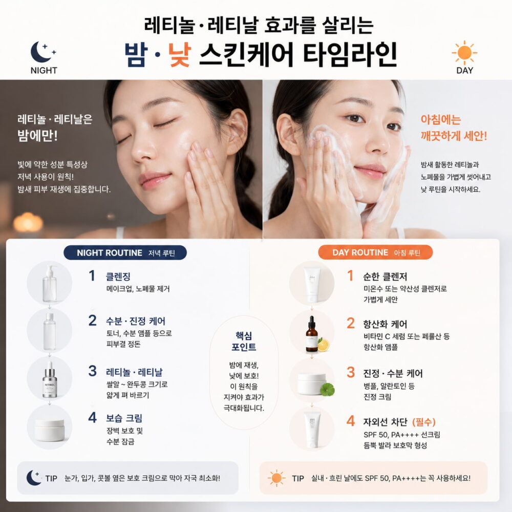 레티놀 바르는법을 밤과 낮 스킨케어 루틴으로 정리한 인포그래픽으로 저녁 사용, 아침 세안, SPF50 선크림 사용 순서를 설명하는 이미지