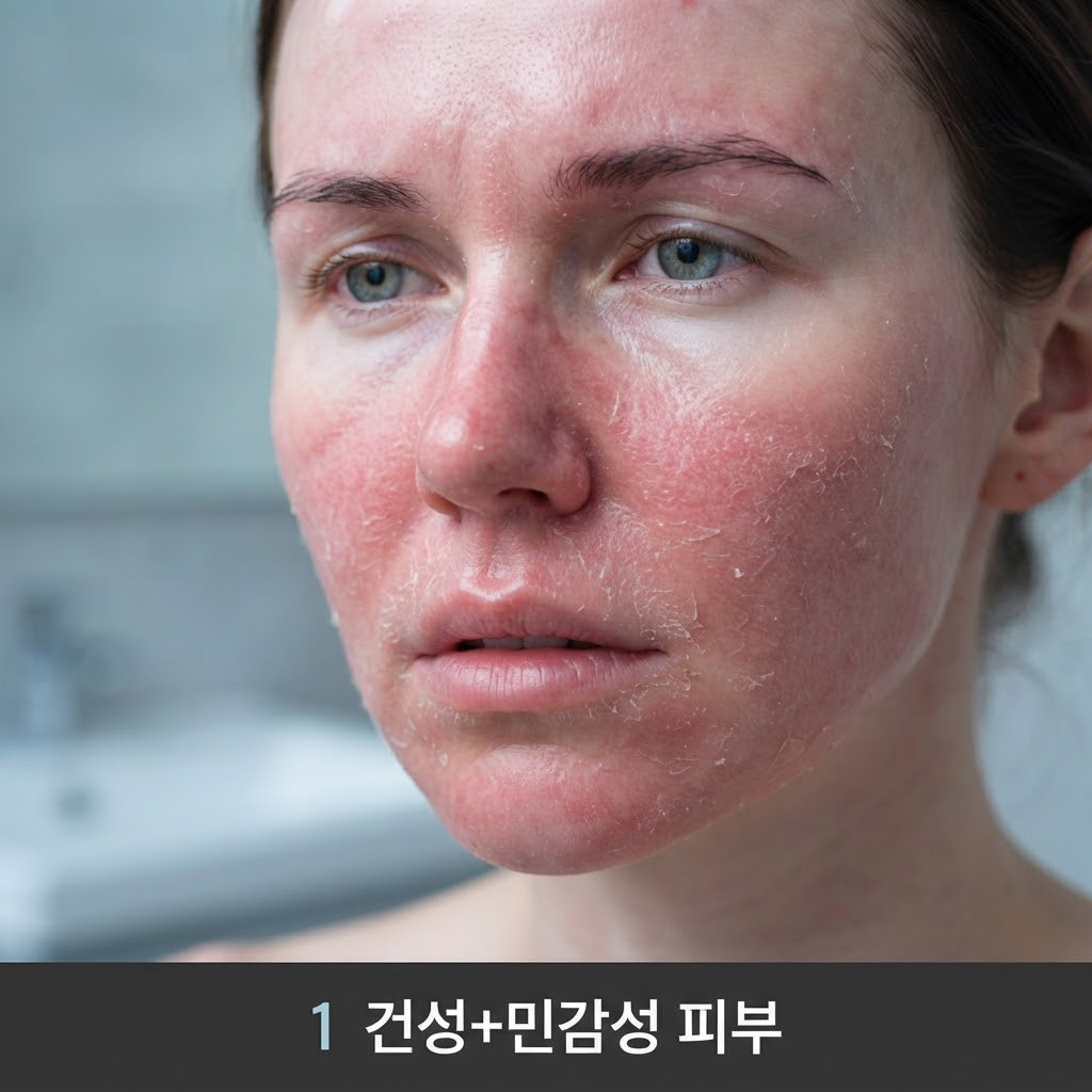 레티놀 사용 후 볼과 눈가에 붉은기와 미세한 각질 들뜸이 나타난 건성·민감성 피부 여성의 클로즈업