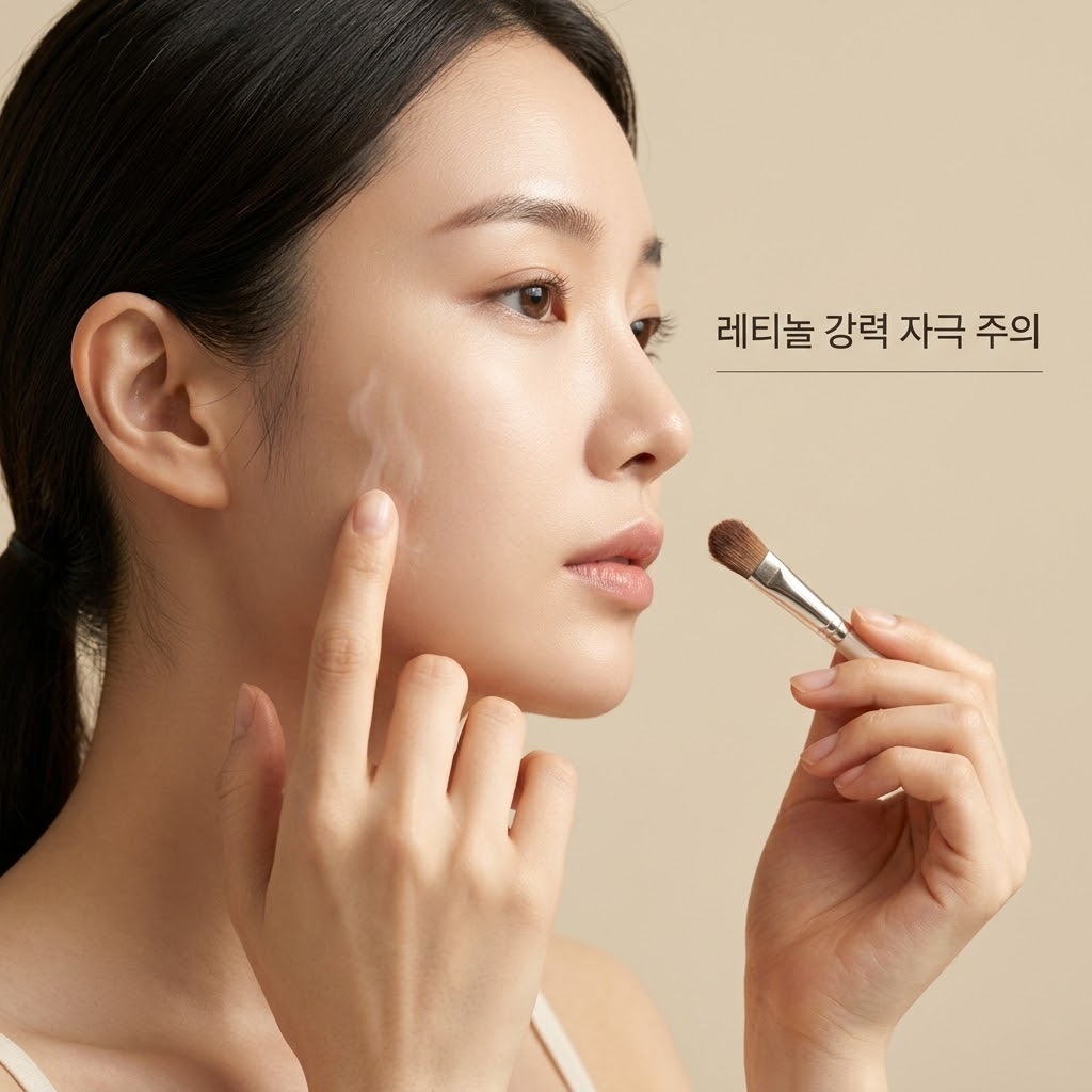안티에이징 최강자 레티놀, 밀폐 요법 시엔 주의! 은은한 간접 조명이 켜진 화장대 위, 투명한 유리 소재의 '계량컵 없는 믹싱 볼'에 옅은 노란빛을 띠는 레티놀 랩핑팩 내용물이 담겨 있고, "두 개의 사람 손"이 스패출러를 쥐고 주름이 고민되는 눈가와 팔자주름 부위에만 내용물을 얇고 조심스럽게 펴 바르는 모습.