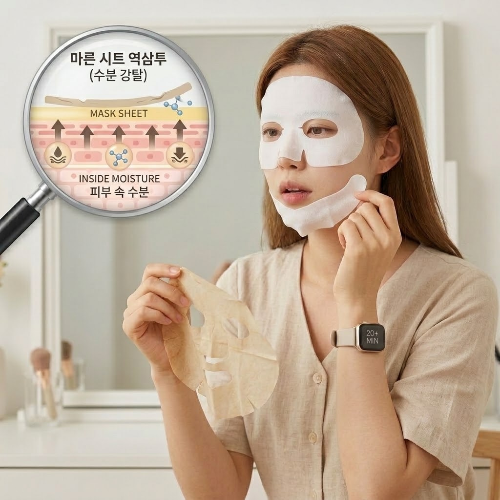 권장 시간 20분을 넘겨 바싹 마른 시트지가 피부 속 수분까지 다시 빨아들여 건조함을 유발하는 역삼투 현상