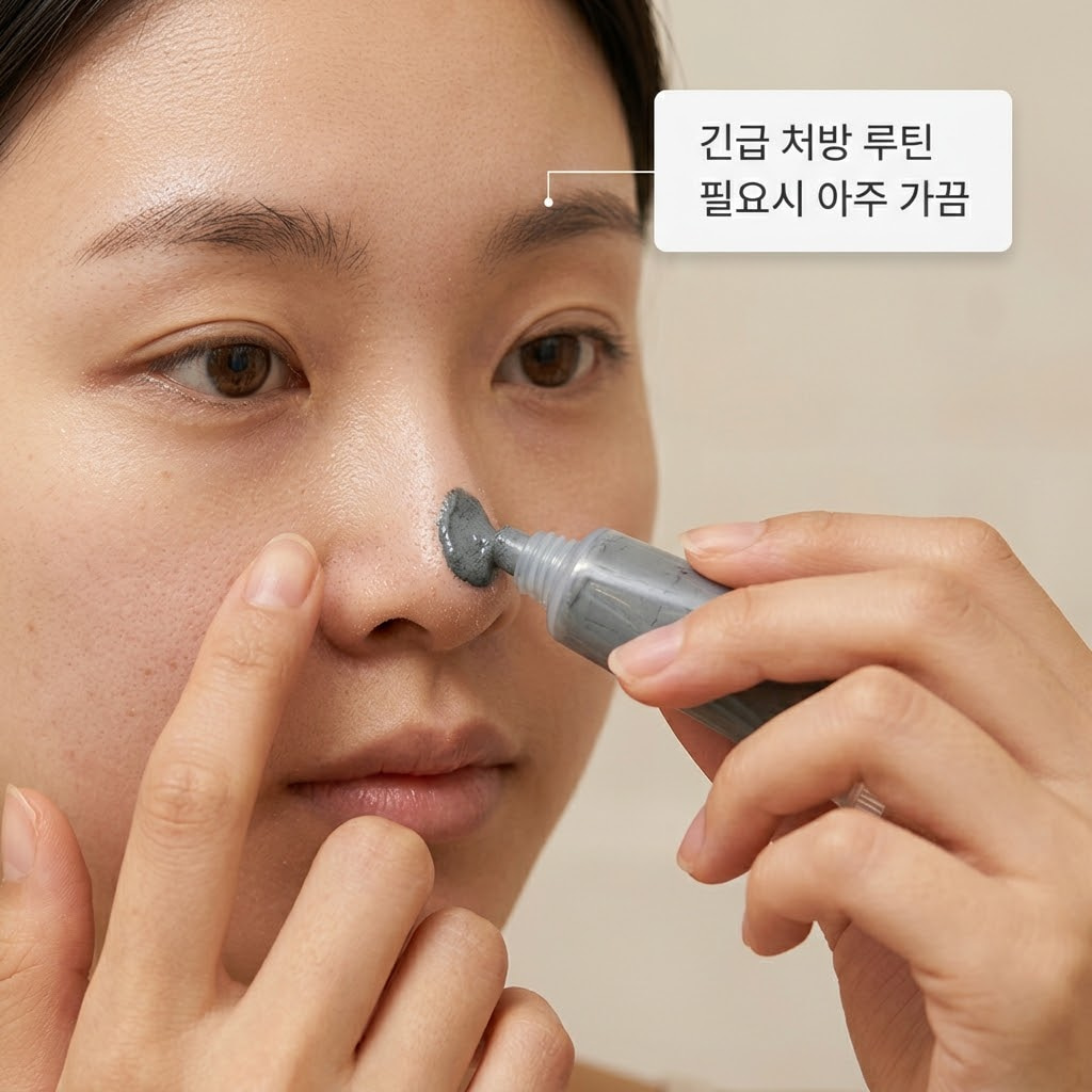 차분한 무드의 스킨케어 공간. 깨끗한 투명 유리 소재의 '계량컵 없는 믹싱 볼'에 1차 보호막용 쿨링 알로에 젤이 듬뿍 담겨 있고, "두 개의 사람 손"이 붉어진 코 부위에 알로에 젤을 도톰하게 얹어 수분 방어막을 씌운 뒤, 그 위에 아주 소량의 필오프팩을 조심스럽게 덧바르며 물리적 마찰 자극을 원천 차단하는 긴급 처방 액션.